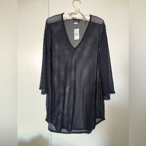 Jordan Taylor Black Sheer V-Neck Swim Coverup Tunic with Three-Quarter Sleeves